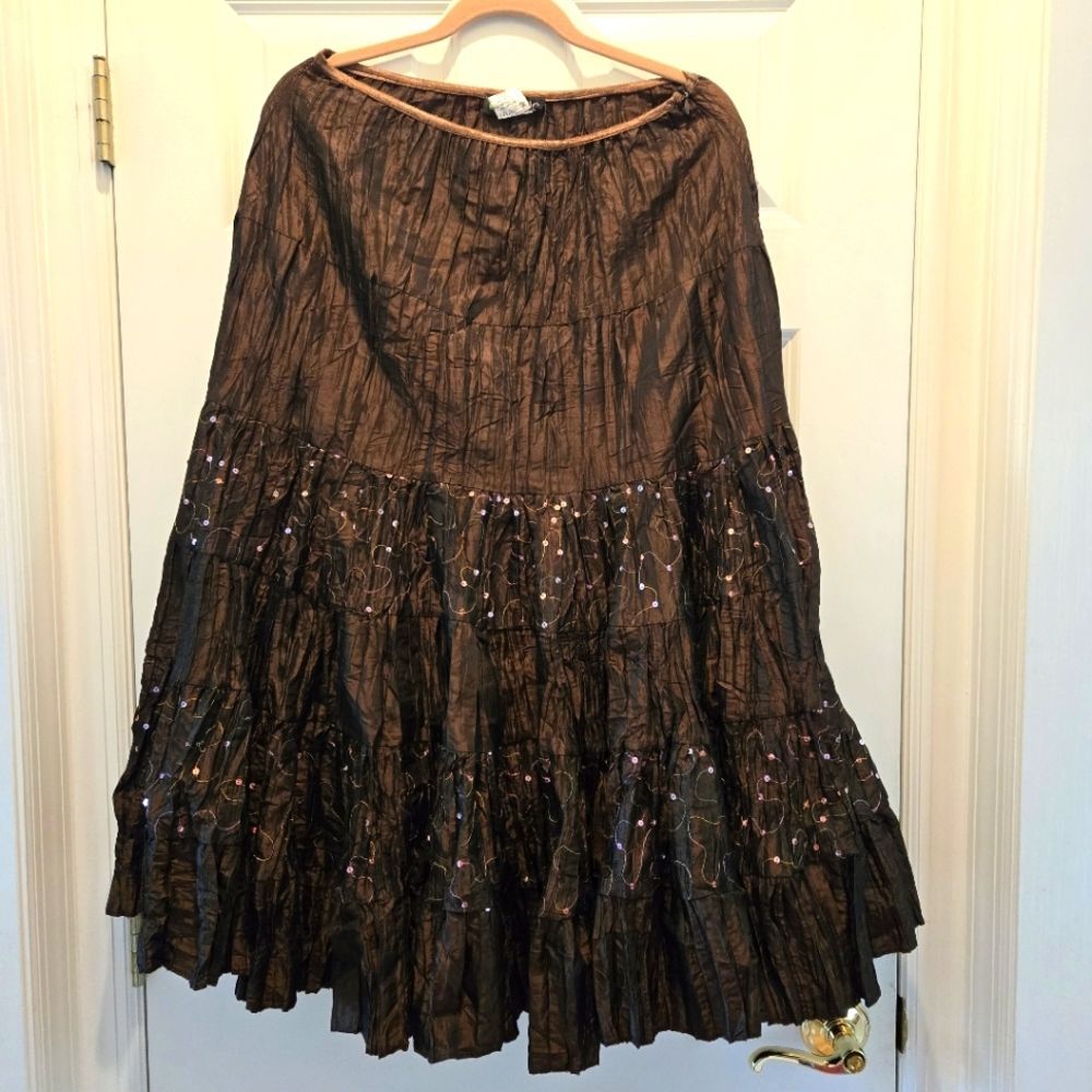 Vintage Y2K Tiered Midi Skirt XL France Euro Brown Embellished Embroidered